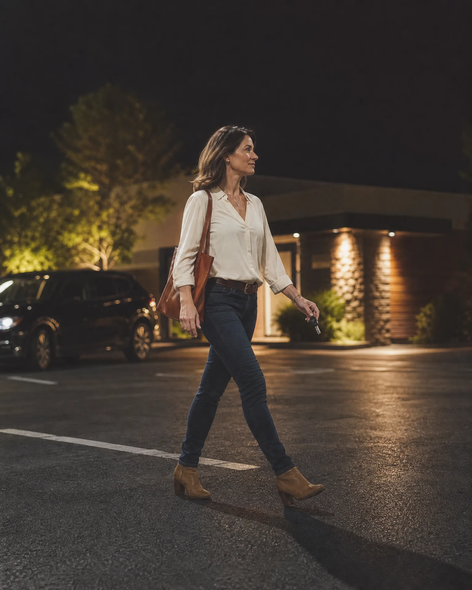A woman in a white blouse, jeans, and tan ankle boots walks across a lit parking lot at night, carrying a brown leather tote and holding a key fob, with a dark SUV and an illuminated building behind her.