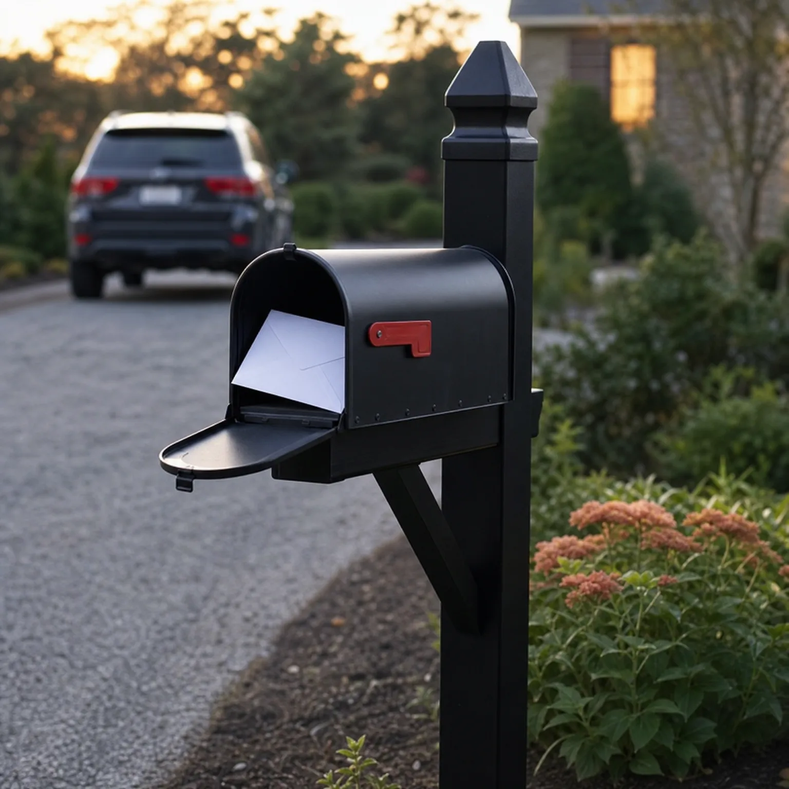 An open black mailbox with a red flag on a black post holds a white envelope, with a dark SUV parked on a gravel driveway and flowering shrubs and a house blurred in the background.